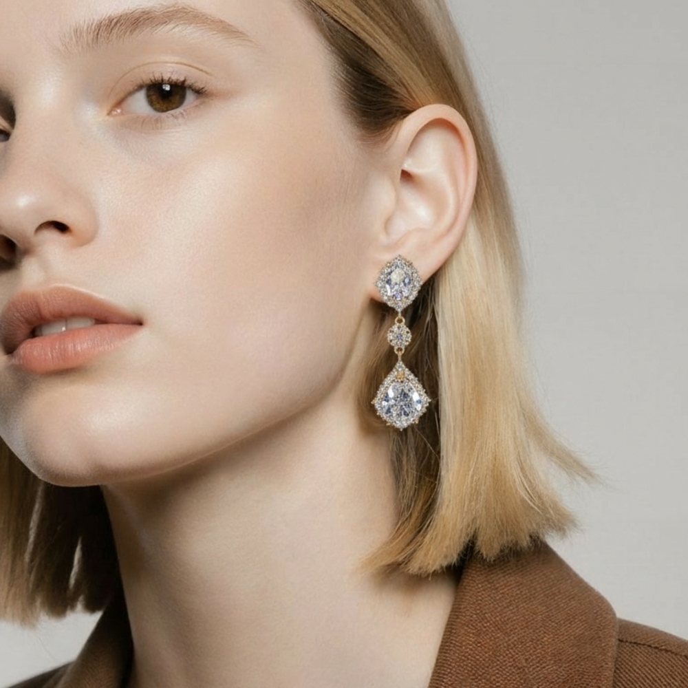 White Swarovski Inspired Cz  Drop Earrings On Gold Plating